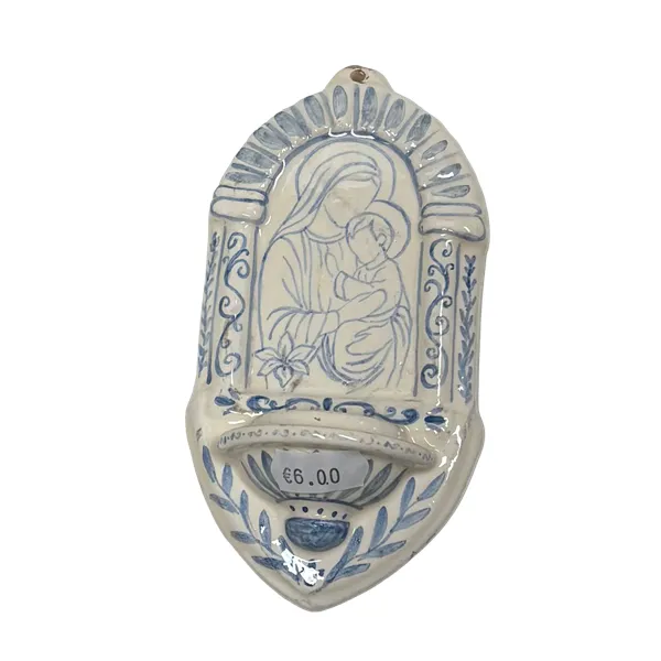 Acquasantiera con Madonna e Bambino in toni d'azzurro (modello bomboniera)