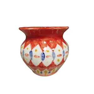 Vasetto porta fiori decorato moderno in colore rosso e particolari blu e gialli